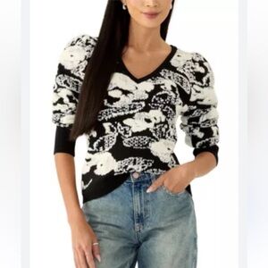 Jason Wu Long Puff Sleeve Printed V-Neck Sweater Sz Small